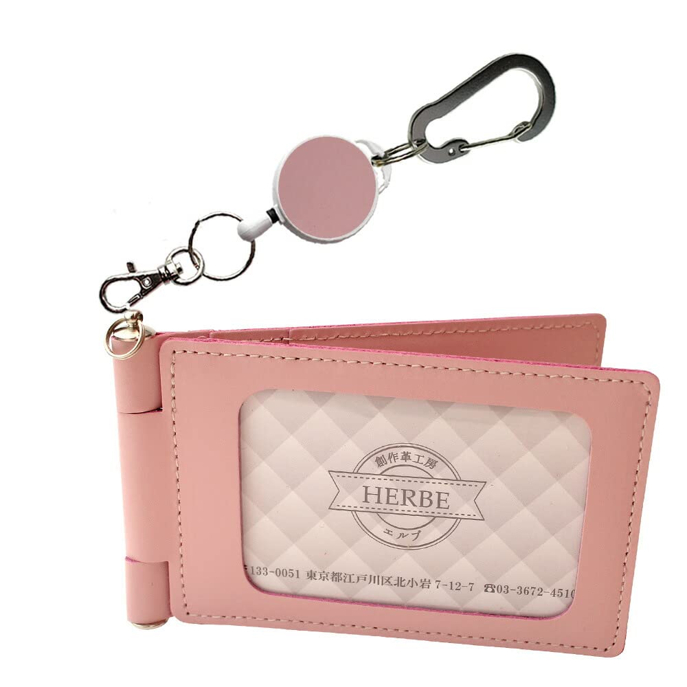 HERBE Pass Case, 4-Sided Storage, Cowhide Leather with Rotating Reel Strap, Made in Japan, Pink