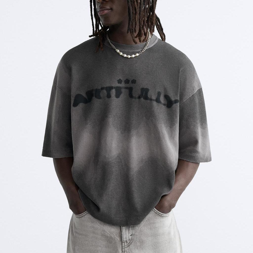 Zara Spray Print Knit Crew Neck Short Sleeve T-Shirt Men Tops Gray 4805406-802
