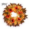 Holiday Party Supplies Fall Sunflower Maple Leaf Wreath with Pumpkin Pinecone, Thanksgiving Harvest Artificial Faux Garland Wreath, Indoor Outdoor