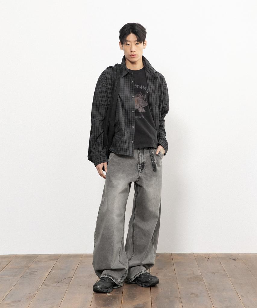 BEGIN202 Lowline Crop Check Shirt [Mocha Black]