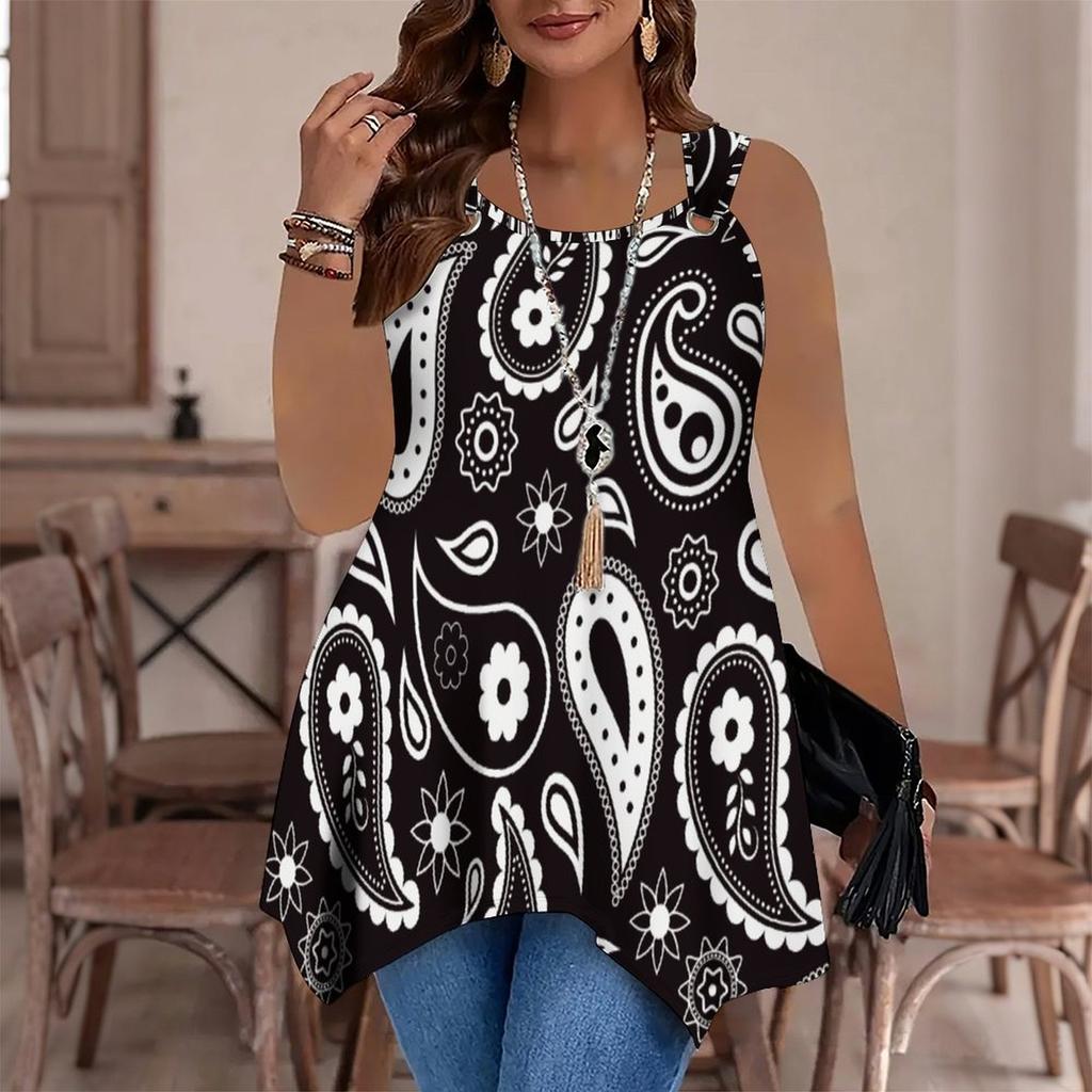 Modische Lässige Sport-Doppelring-Weste für Damen, Große Tank-Weste mit Vintage-Musterdruck, Unregelmäßiger Saum, Elegant und Schlicht