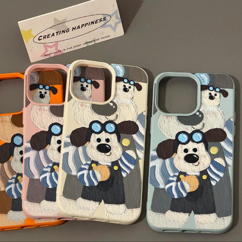 Oil Painting Cute Boss Dog for IPhone16/15p Lychee Pattern 14 for Apple 13 Mobile Phone Case 12 Sets