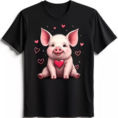 Entzückendes schwarzes T-Shirt mit niedlichem Cartoon-Schwein und rosa Herz-Grafik