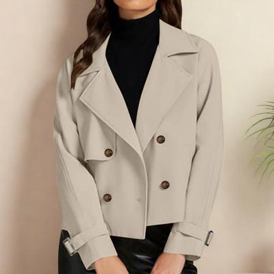 Womens Cropped Trench Coat Casual Long Sleeve Double Breasted Jacket Notched Lapel Short Blazer with Pockets Spring Fall Outwear