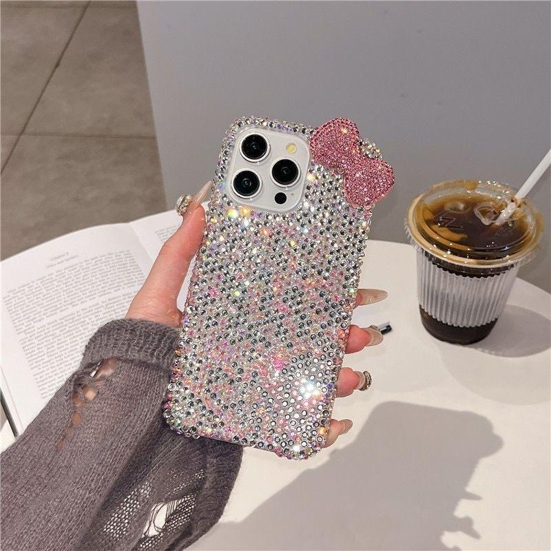 Girl bow rhinestone suitable for Apple 16 mobile phone case full diamond iPhone15Pro max luxury case