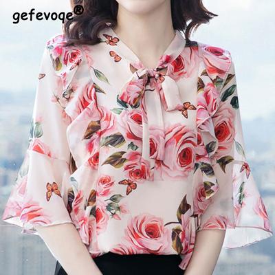 Elegant Fashion Floral Printed Bow Drawstring Chiffon Shirt Summer 2023 V-Neck Three Quarter Sleeve Slim Blouse Women's Clothing