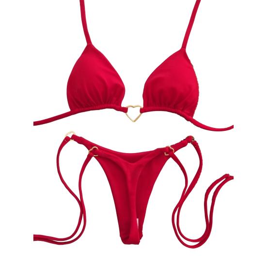 2Pcs/Set Women Bikini Set Heart Metal Buckle Halter Lace-up Swimsuit with Briefs Set