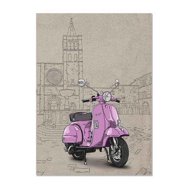 Italian Style Famous Building Background Fiat 500 Red Yellow Vespa Poster Print Wall Art Picture Canvas Painting Room Home Decor