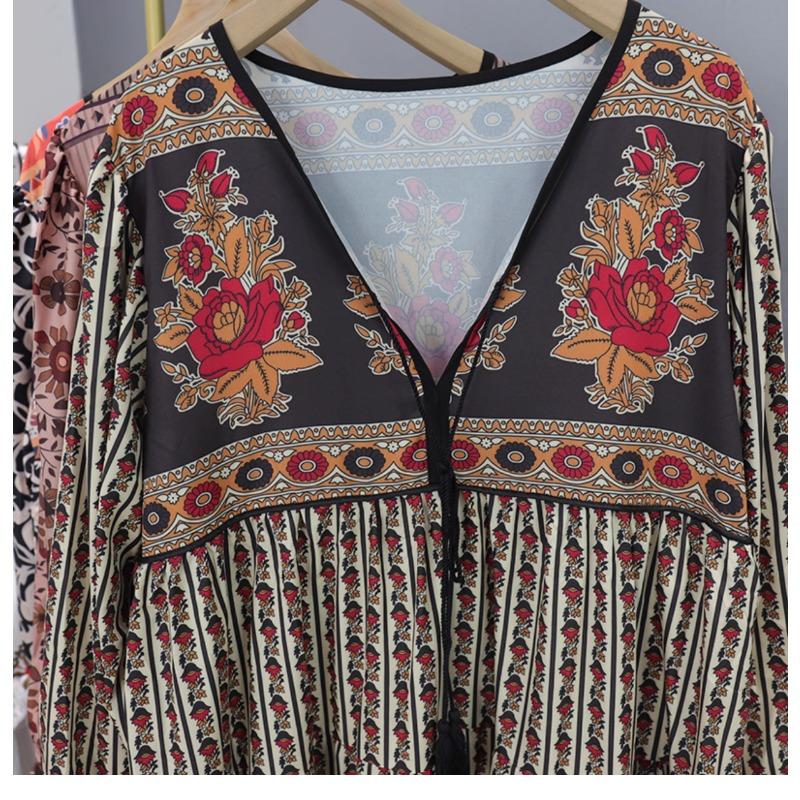 Dovolená Bohémský potisk Dlouhé šaty Jaro Podzim Retro Volné oblečení Elegantní Dlouhý rukáv Výstřih do V Šněrování Květinové Etnický styl Šaty