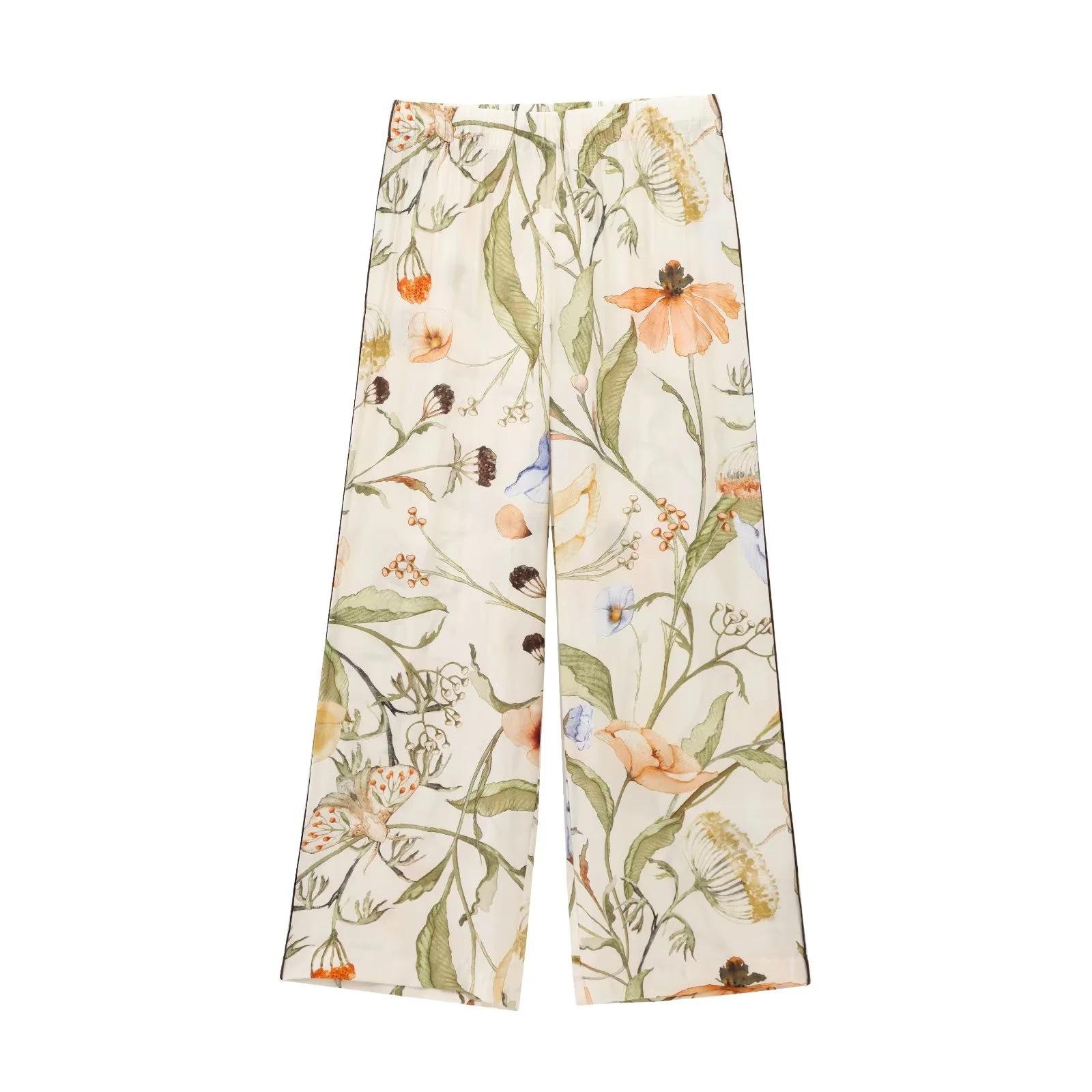 

European & American Women s Floral Shirt + Printed Pants Set Medium