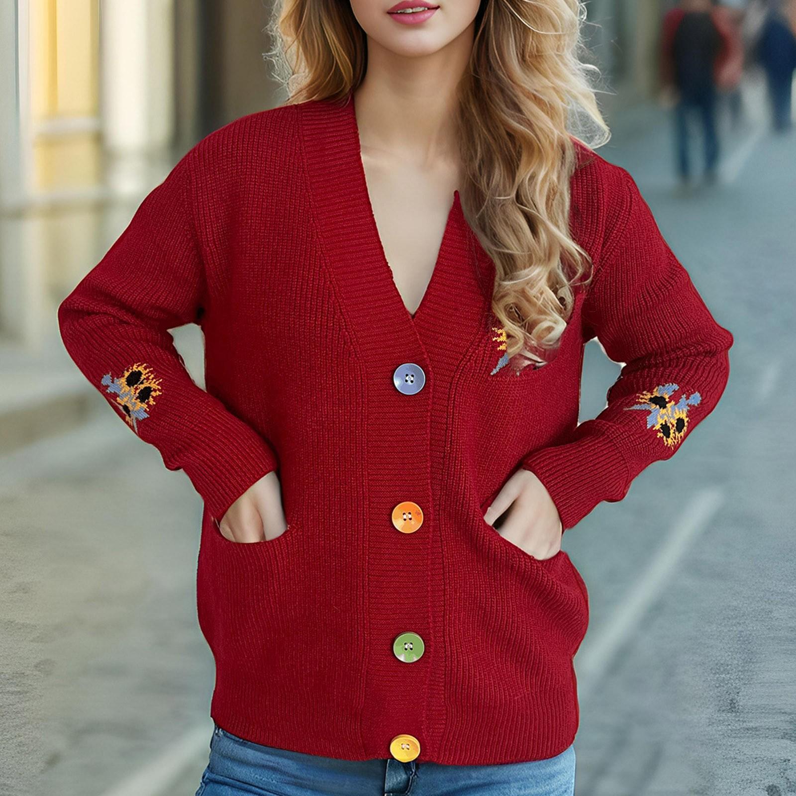 

Цветочная вышивка вязаный свитер V-образный вырез контрастного цвета женский свитер повседневное универсальное пальто S красный