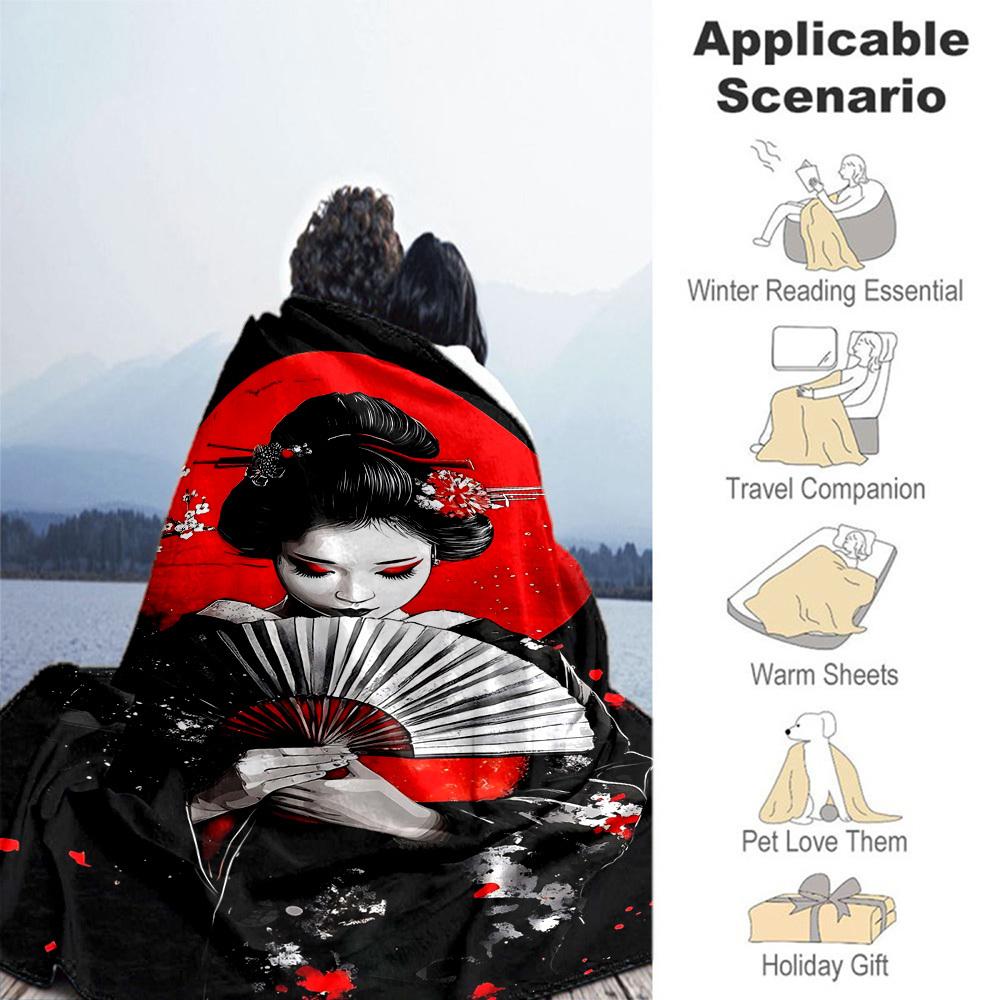 1pc Geisha Sakura Outdoor Flannel Blanket Soft Warm All-Season Throw for Sofa Bed Car Camping Office, Cozy Gift Idea1182S