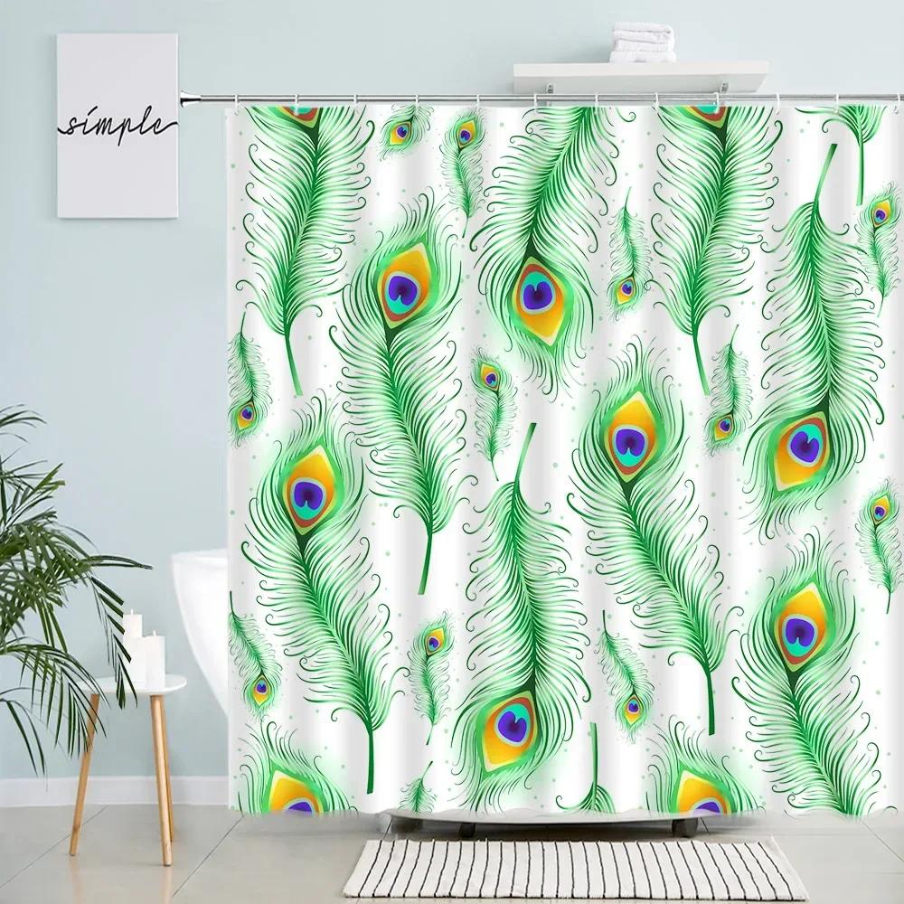 Peacocks Feather Shower Curtains Creative Design White Bath Curtain Modern Minimalist Art Nordic Bathroom Decor Sets with Hooks