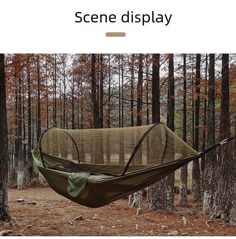 Quick-Open Mosquito Net Hammock: Outdoor Camping Pole Support, Anti-Rollover Nylon Hammock with Mosquito Protection.