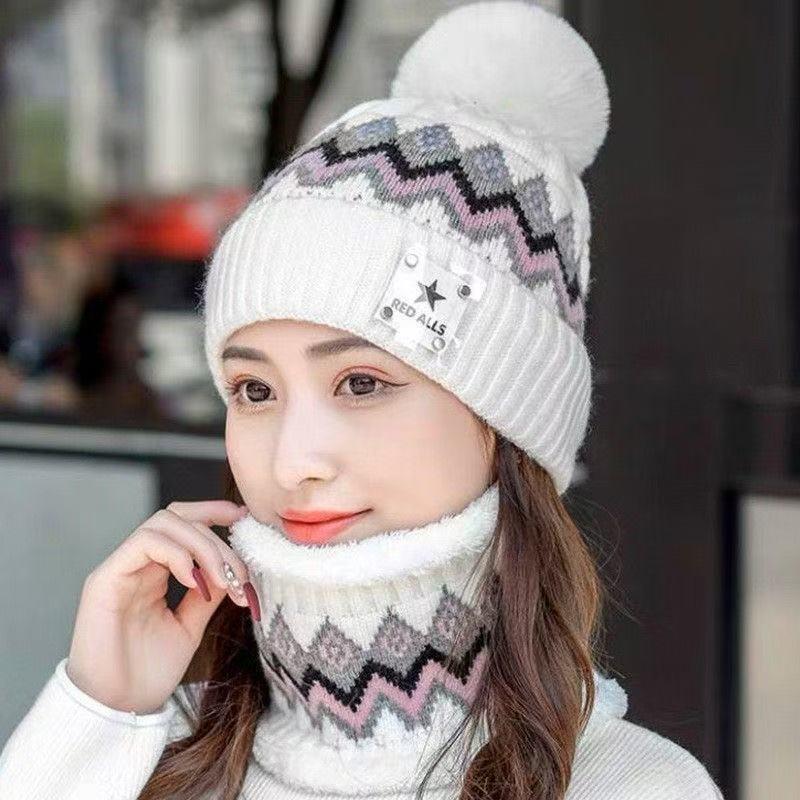 Winter women's thickened velvet warm knitted wool hat scarf set student cycling hairball ear protector hat