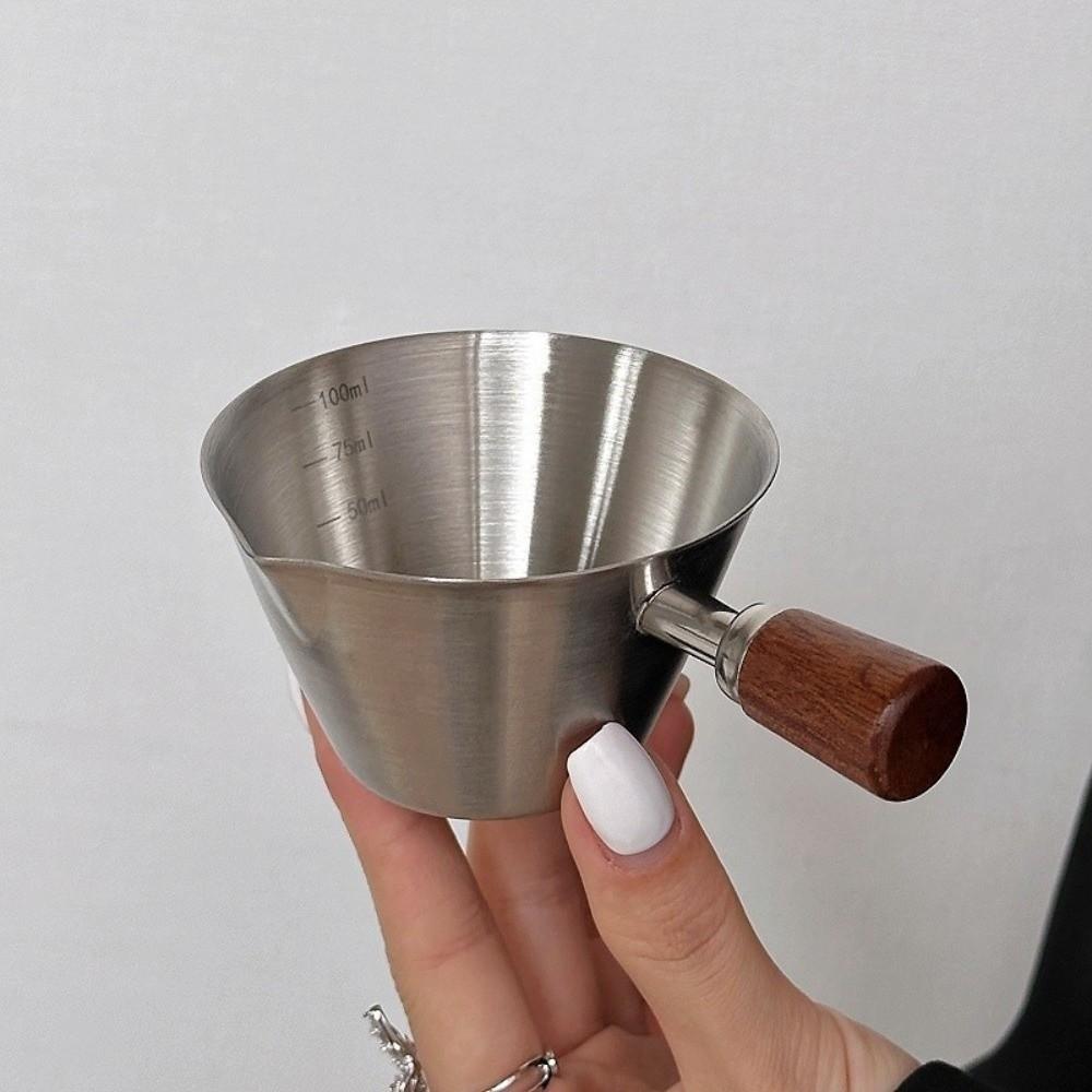 Gifts 100ML Italian Espresso Measuring Cup Stainless Steel Wooden Handle Small Milk Cups with Scale Kitchen Coffee Accessories