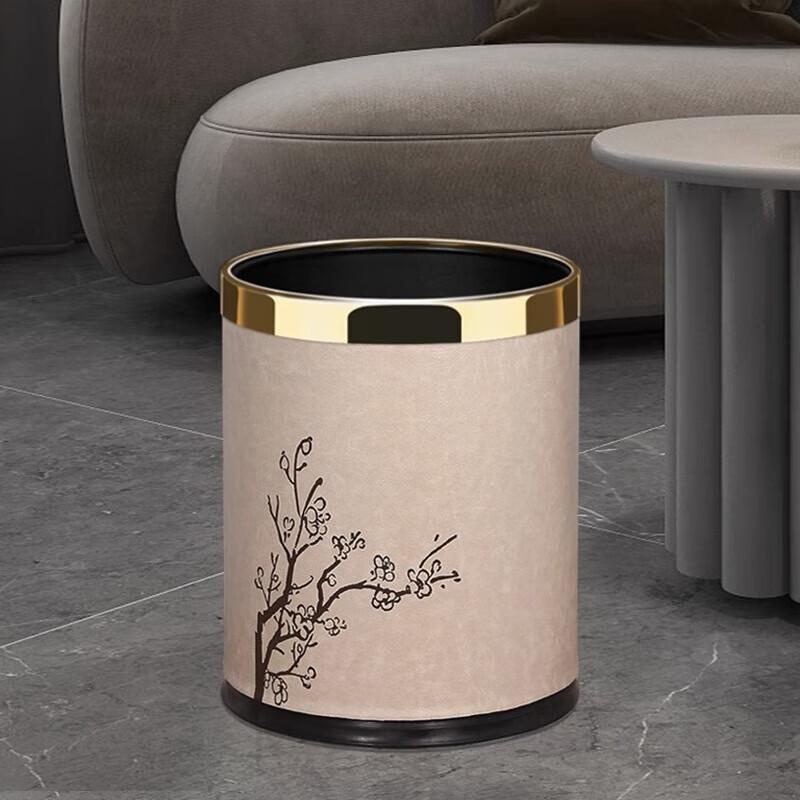 XuanYong Chinese Style Leather Wood Grain Trash Can