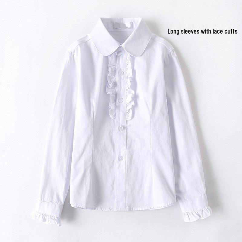 Girls' White Cotton Long-Sleeve School Shirt - Spring/Autumn Style for Primary and Secondary Students