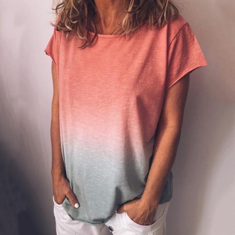 Summer Woman Plus Size Rainbow Gradient Printed Fringe Short Sleeve T-Shirt