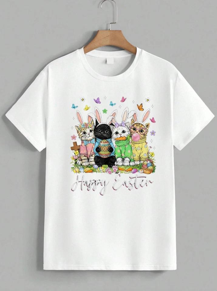 Happy Easter Cats T-Shirt Bunny Ears Kitten Egg Graphic Spring Holiday Unisex 2 L