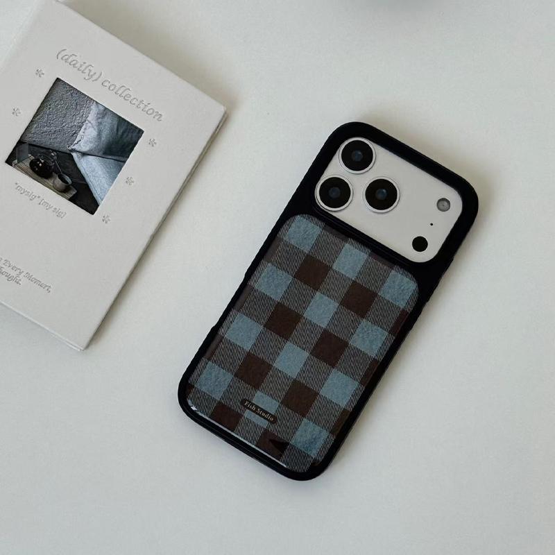 Autumn Winter Blue Brown Checkered Drop Glue Black Frame Phone Case For iPhone 17 Air 16 15 14 13 12 Pro Max 11 Plus Back Cover