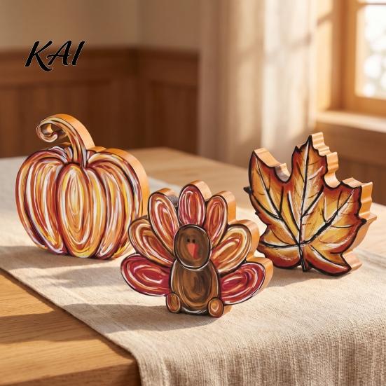 Thanksgiving Party Decor Accessories 3Pcs Wooden Block Signs, Fall Pumpkin Turkey Maple Leaf Tabletop Seasonal Wood Cutouts for Decor, Farmhouse