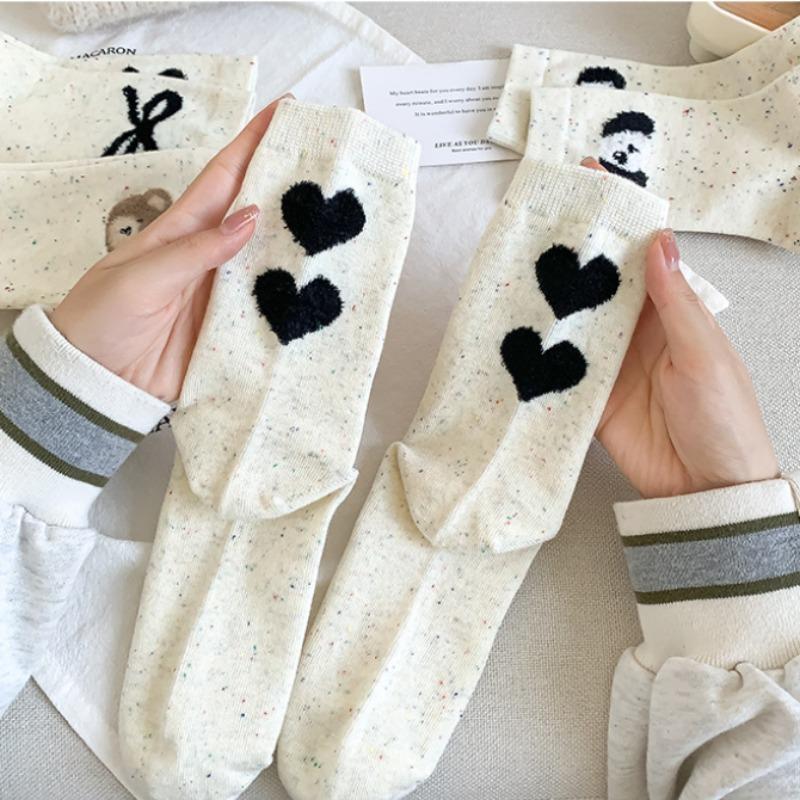 5 Paar Damen Baumwolle Mid-Calf Socken Cartoon Niedlich Preppy Stil Schweißabsorbierend Sommersocken für Damen