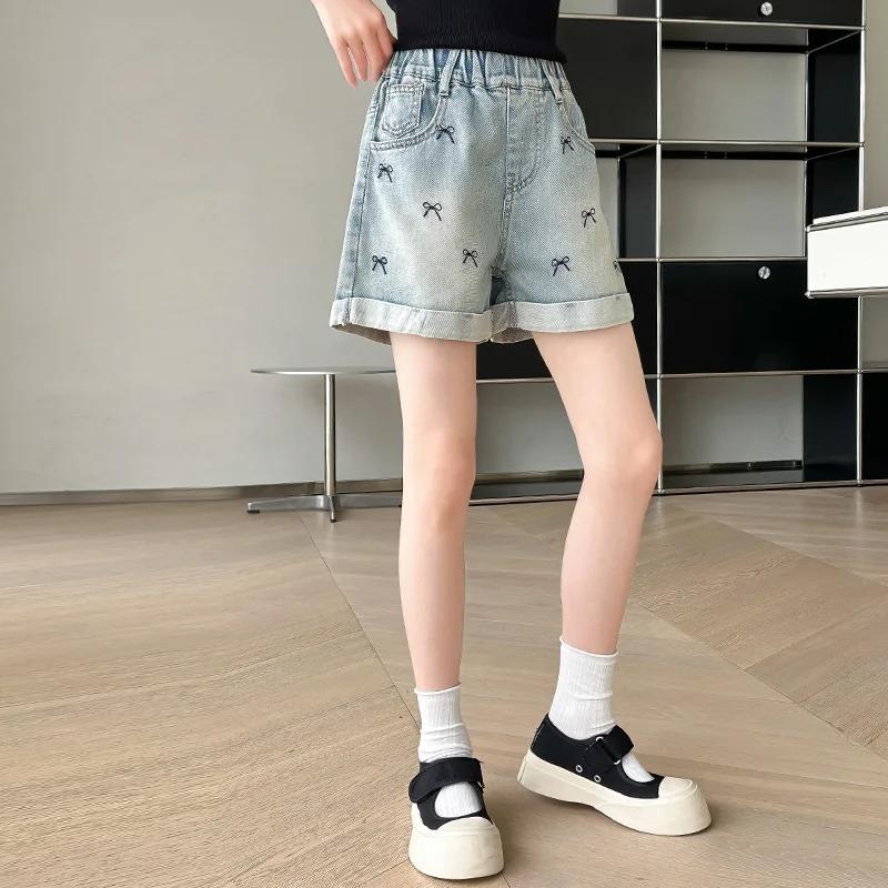 Children Casual Denim Shorts Bow Girls Elegant Above Knee Pants Mini Jeans Kids Teenager Brief Summer Shorts