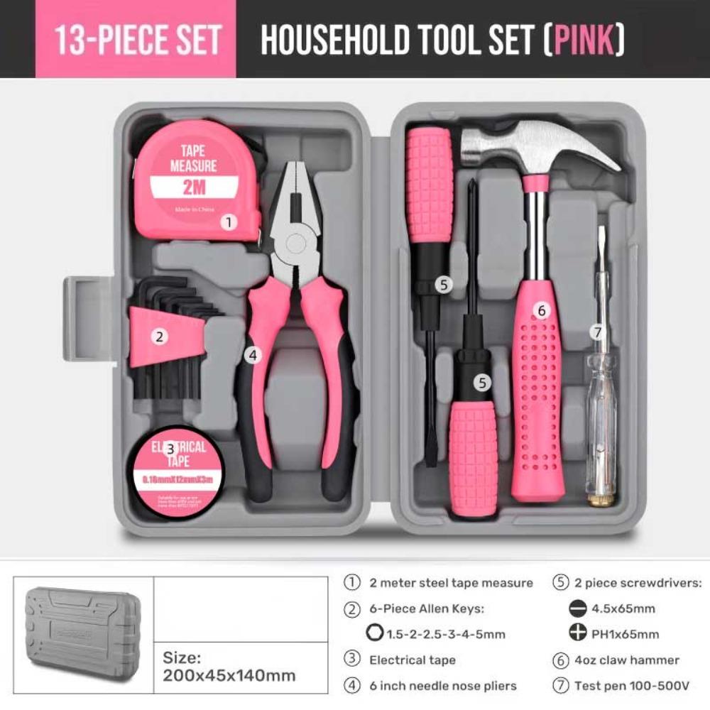 Durable Pink/Yellow DIY Tool Kit Household Compact Hand Tool Kit Metal Toolbox Home Use
