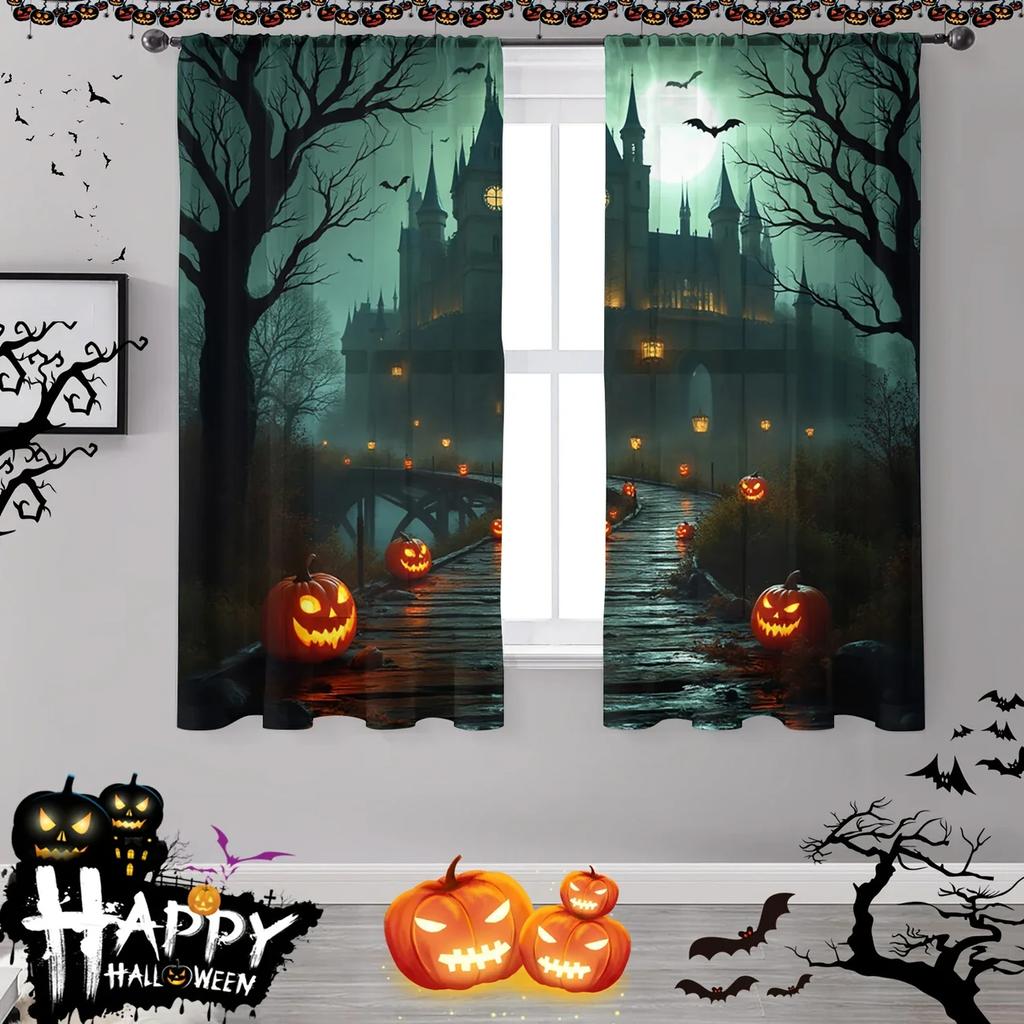 Halloween Fantasy Castle Money Tree Pumpkin Lantern Printed Curtains Home Decoration Room Curtain Set Of 2 Made Polyester Washable