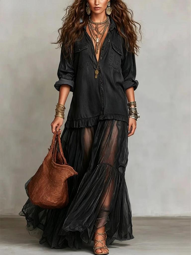 European and American Style Popular Women's Retro Lapel Imitation Denim Dress Casual