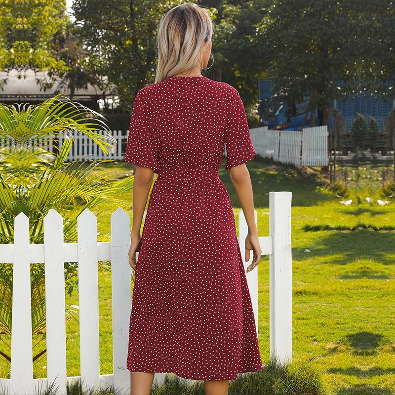 Polka Dot Print sommer kortermet V-hals uformelle kjoler