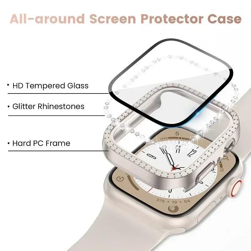 Cover For Apple Watch Case 44mm 45mm 41mm 40mm 38 42mm Bling Diamond bumper+Screen Protector Glass Iwatch Series 9 8 7 5 6 4 SE