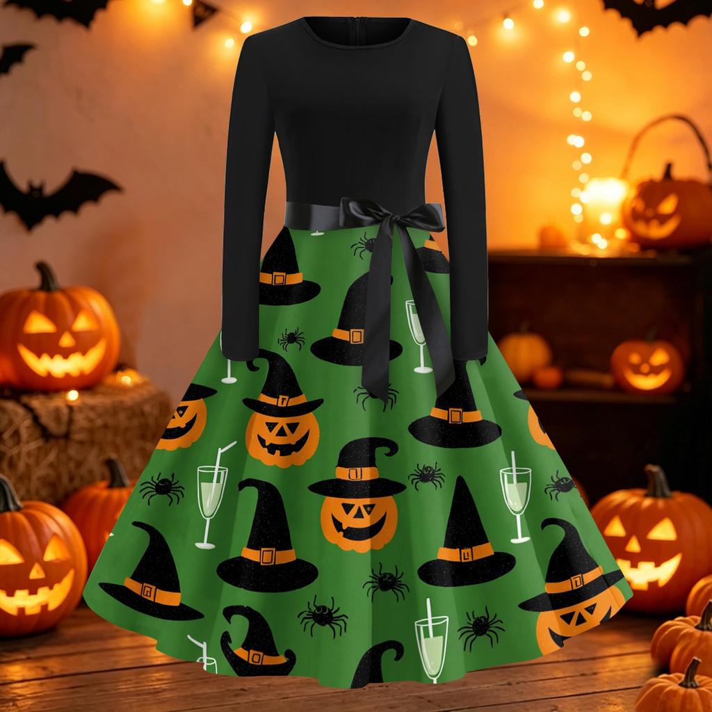 Womens Casual Fit and Flare Dress Long Sleeve Round Neck Halloween Print Dress with Flared Skirt and Waist Tie Belt