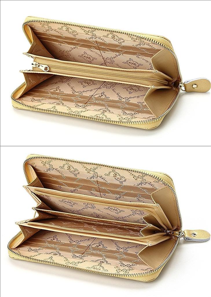 Fair Fairy Genuine Cowhide Leather Enamel Embossed Round Zipper Long Wallet 140817 Women's (Gold)
