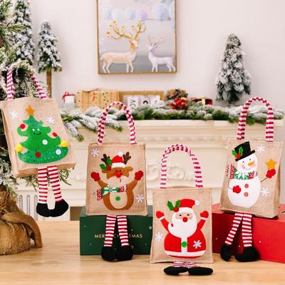 Cartoon Christmas Gift Bag Santa Claus Snowman Linen Xmas Gift Wrapper Christmas Decoration Reusable Long-legged Handbag