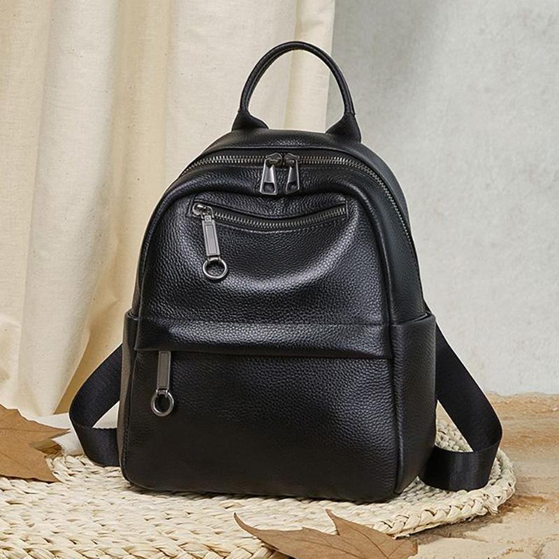 Premium Cowhide Leather Backpack for Ladies - Multi-pocket Casual Backpack