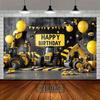 Fondo de Cumpleaños de Construcción Amarillo Negro 2D para Fotografía de Fiesta Infantil