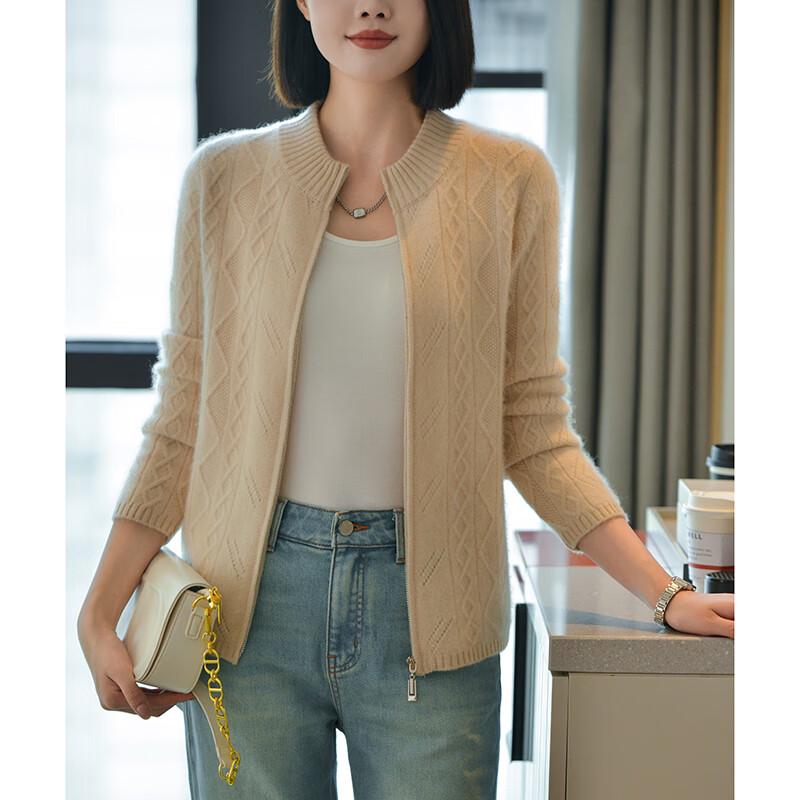 Fanzhen Women's 100% Wool Thick Knit Stand Collar Cardigan