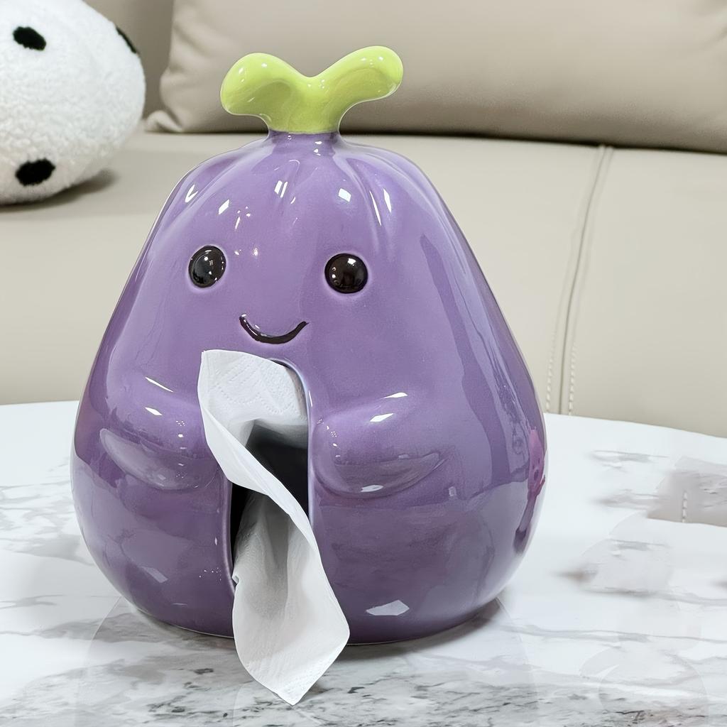 Charming Purple Eggplant Shaped Ceramic Tissue Box Holder with Green Ste,mLeaf Design,Cute Cartoon Kitchen Decor for Living Room or Dining Table