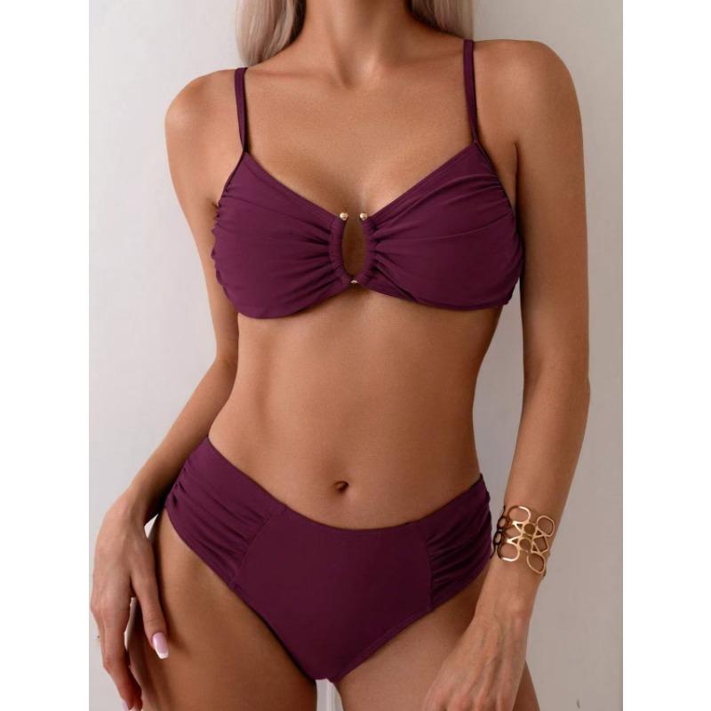 Solid Color Teal Ruched Cutout Bikini Set High Waist Two Piece Swimsuit