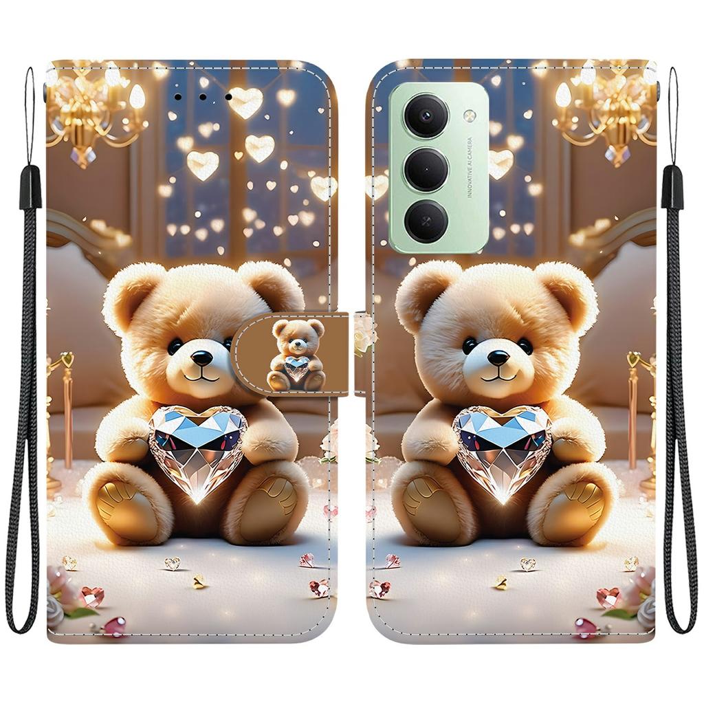 Pro Xiaomi Redmi 15 5G (Globální) (169 mm) Kožené pouzdro Stojan Peněženka Vzorový potisk Kryt na telefon s poutkem na zápěstí