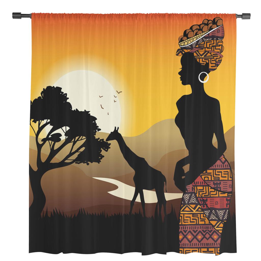 African Woman Giraffe Silhouettes Sheer Curtains for Living Room Decoration Window Curtains Kitchen Tulle Voile Organza Curtains