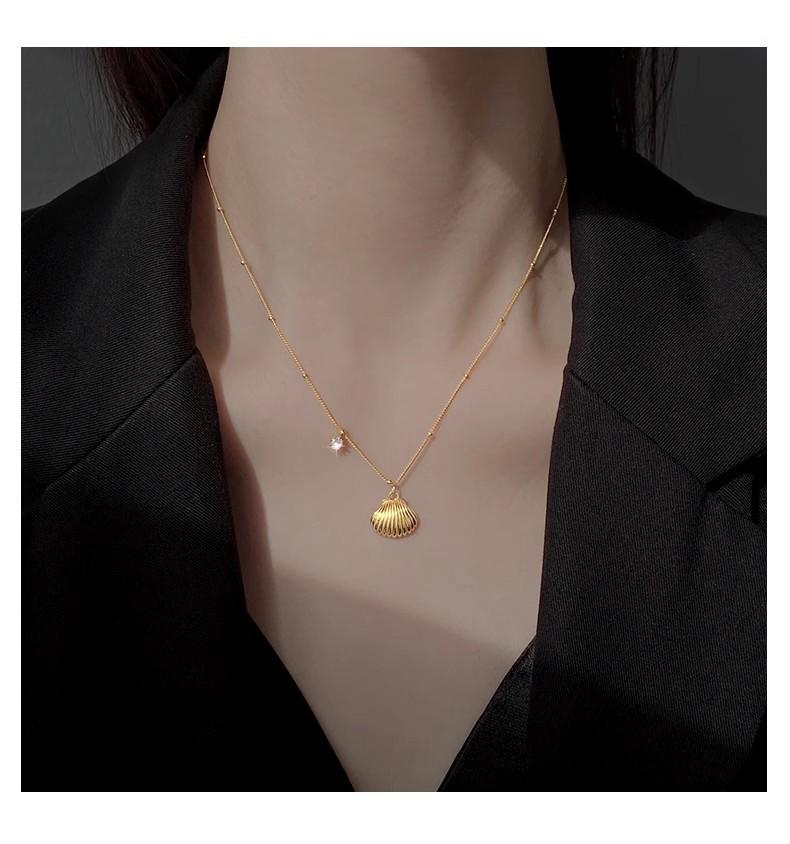 S925 Sterling Silver Christmas Scallop Necklace - Striped Shell & Bead Clavicle Chain, Korean Blogger Style