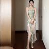 Pure desire wind tube top green smudge printing dress waist and thin split lotus leaf edge temperament long hip skirt