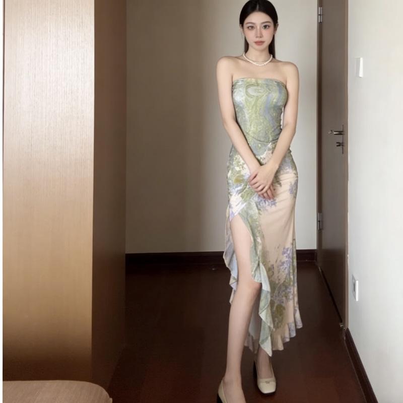Pure desire wind tube top green smudge printing dress waist and thin split lotus leaf edge temperament long hip skirt