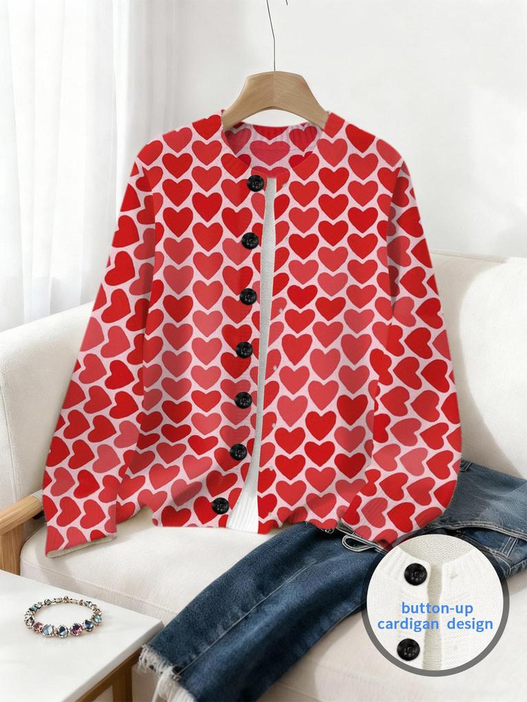 Spring Digital Print Cardigan: Valentine's Day Loose Knit Women's Fashion Top
