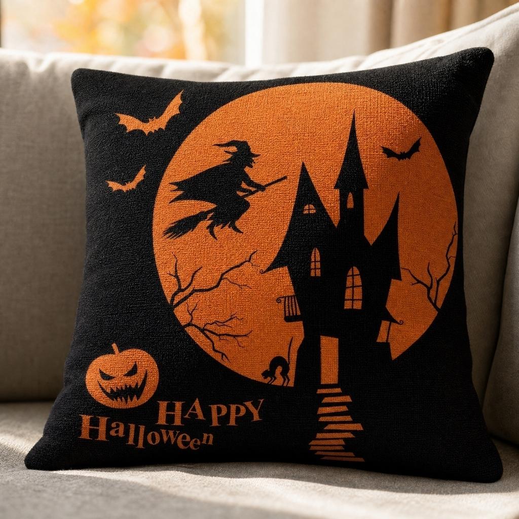 4PCS Halloween Pillow Covers Linen Decorative Cushion Covers Halloween Themed Throw Pillow Cases for Home Sofa Bedroom Living Room