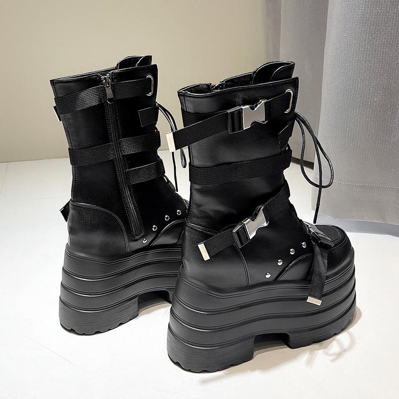 Fashion 13.5CM,17CM Women Punk Boots Autumn Platform Outdoor Leather Sneakers Chunky Motorcycle Boots Nightclub Party Cosplay Shoes