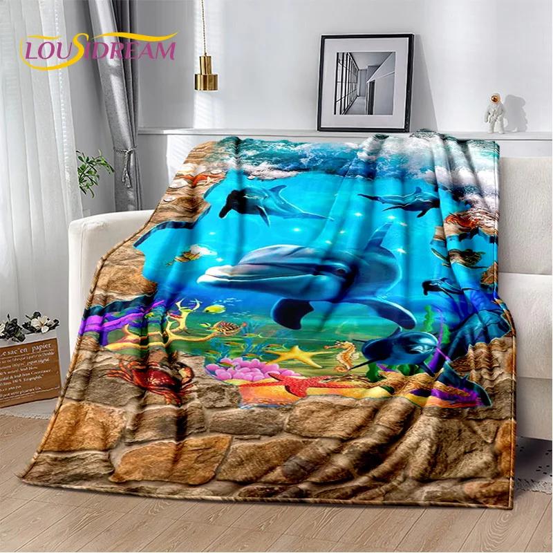 Underwater World 3D Illusion Seabed Cartoon Shark Dolphin Blanket,Soft Throw Blanket for Home Bedroom Bed Sofa Travel Cover Kids